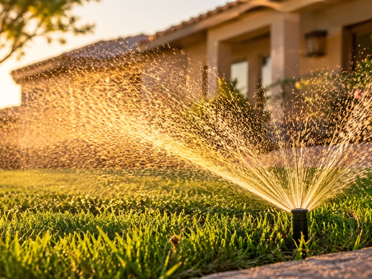 Sprinkler watering the front lawn of an Arizona home